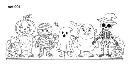A group of cute Halloween kids dressed as monsters and a skeleton, standing in a row with pumpkins and a shallow depth of field, conveying a spooky yet playful mood on a white background.