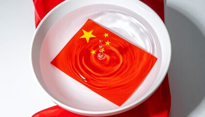 China Flag in Water with Droplets and Ripples.
