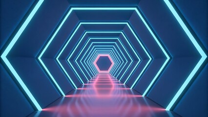 Futuristic glowing neon hexagon tunnel digital background
