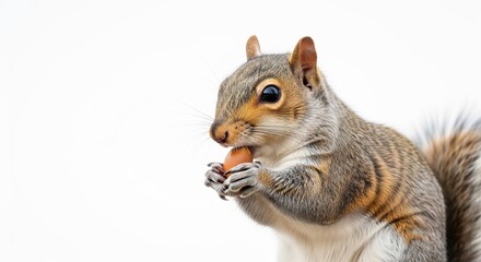 Obraz premium A charming close-up captures a gray squirrel delicately holding and eating a brown nut, set against a bright, pure white background, showcasing its adorable features and furry tail.