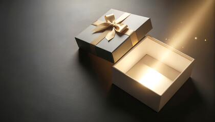 Minimalist flat lay animation of gift box opening with golden light shining out, clean background