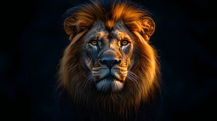 Naklejka premium A majestic lion with a glowing golden mane stands against a dark background
