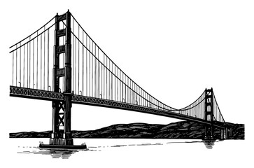 Fototapeta premium Golden Gate Bridge San Francisco Side View Famous Landmark Black and White Outline Line Art Drawing Illustration
