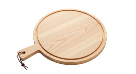Round wooden pizza peel with handle on a black background