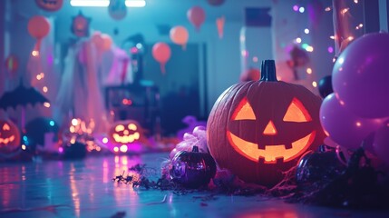 This scene captures a charming Halloween atmosphere interior, beautifully featuring a carved pumpkin along with twinkling lights