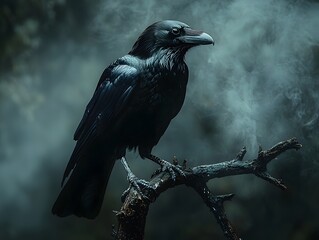 Obraz premium A solitary black raven rests on a bare branch amidst dark atmospheric mist