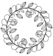 Black floral design within a circle with tulips and leaves