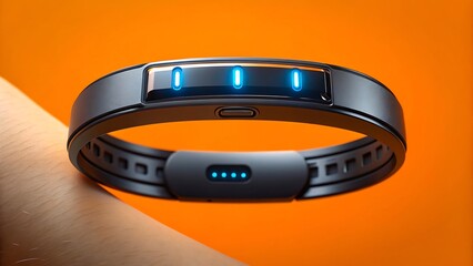 Smart fitness band with glowing blue lights display
