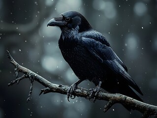 Close up portrait of a black raven perched on a gnarled branch in a dark misty forest setting with falling light