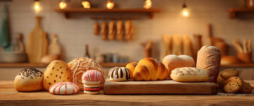 Various breads and pastries are placed on the wooden table