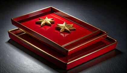 Elegant Red and Gold Trays with Golden Stars on Dark Background
