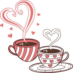 Two coffee cups with heart shaped steam illustration for cafes and romance