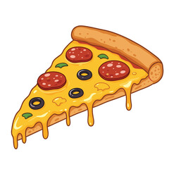 illustration of a pizza isolated on white background. pizza slice with salami,mushrooms, basil leaf and melted cheese for pizzeria package and menu designs. Flat Vector illustration