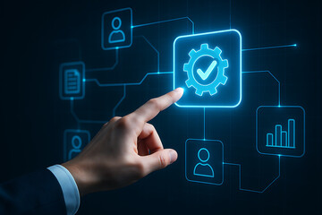 Business automation process with glowing gear icon on futuristic digital virtual screen
