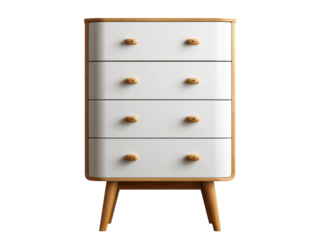 White four drawer chest with wooden frame and knobs drawers, Isolated On Png Transparent Background