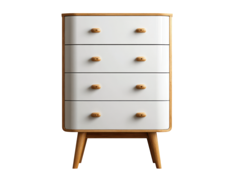 White four drawer chest with wooden frame and knobs drawers, Isolated On Png Transparent Background