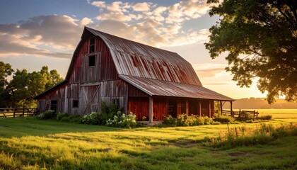 Obraz premium Rustic Red Barn Surrounded by Lush Green Field at Sunset
