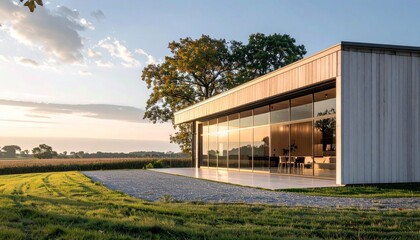 Obraz premium Modern House with Large Windows Surrounded by Green Landscape