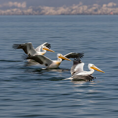 Three graceful white pelicans glide across calm blue water under a bright sky.