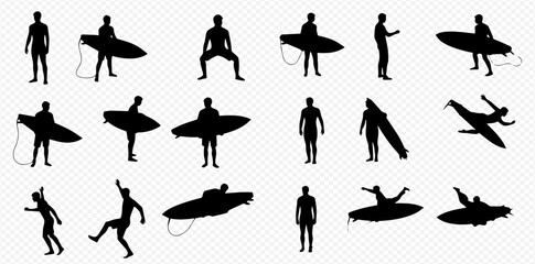 Collection of black silhouettes depicting surfers and surfboards in various dynamic and static poses against a transparent background.