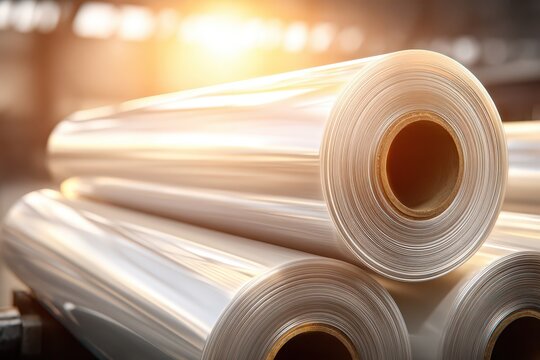 A close-up view of shiny foil rolls for packaging, with a blurred background, highlighting their industrial manufacturing and potential use in food and product protection.