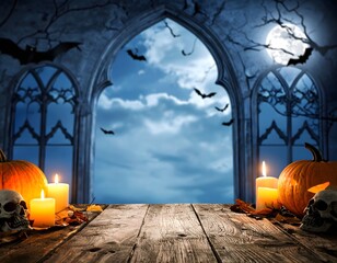 Obraz premium halloween free space background for product ads - Haunted Gothic Arch Halloween Night Scene