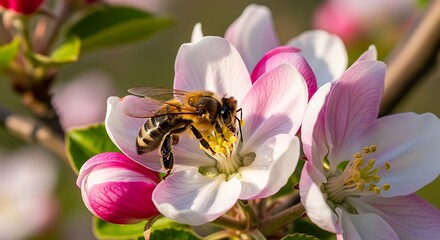 Honeybee on Apple Blossom in Springtime.