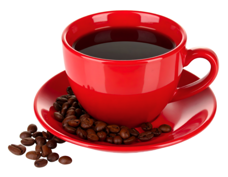 red cup with coffee beans isolated on white