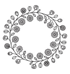 Black and white outline drawing of a peony flower in a circular leaf wreath