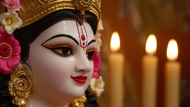 A close up of a beautiful decorated durga idol with bukeh background generative ai image
