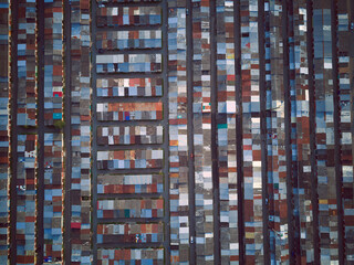 Aerial top view landscape with garage roofs