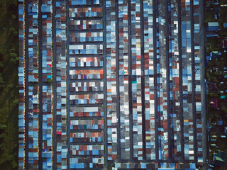 Aerial top view landscape with garage roofs