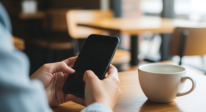 Person using smartphone at cafe with coffee cup on table. - Powered by Adobe