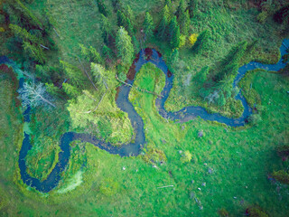 Aerial top view landscape with river and meadow