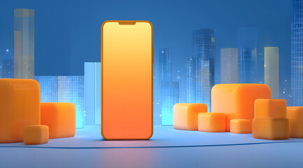 Orange phones stand against colorful geometric and urban background