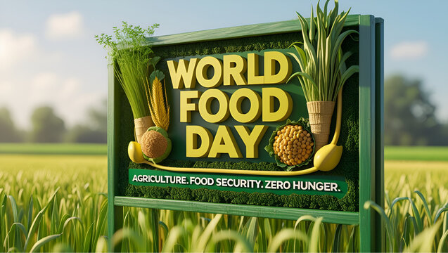 photorealistic image of a public awareness signboard for 'World Food Day'. The design should focus on the themes of agriculture, global food supply, and zero hunger.