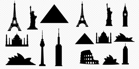 A collection of iconic black silhouettes representing famous global landmarks and architectural wonders from around the world.