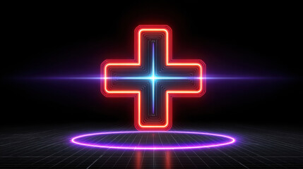 Obraz premium Cyber medical cross glowing in network with neon light and futuristic grid background creating modern digital atmosphere