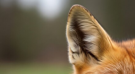 Close-up capture showcases the intricate details and soft texture of a fox's ear, highlighting its fur, shape, and sensory function, set against a blurred, natural background to isolate the ear ,