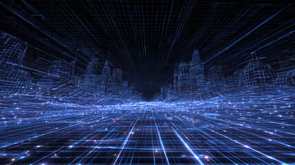 Blue metaverse wireframe background with futuristic grid perspective for VR visuals