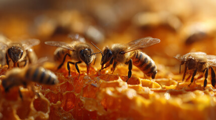 Close-up of honeybees working on golden honeycombs, symbolizing beekeeping and production
