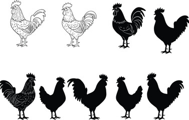 Rooster silhouette vector collection, farm chicken illustrations, poultry animal clipart, black rooster design set, rural bird graphic art