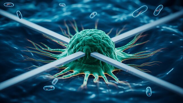 Microscopic View of a Cancer Cell Under Attack