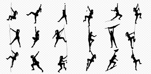 Collection of diverse black silhouettes depicting people actively engaged in various climbing and aerial sports.
