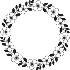 Black and white circular illustration of whimsical flowers and leaves