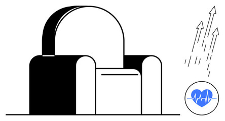 Modern armchair with curved backrest, heart with heartbeat line, and rising arrows. Ideal for comfort, self-care, health, relaxation, growth lifestyle wellness. Simple flat metaphor