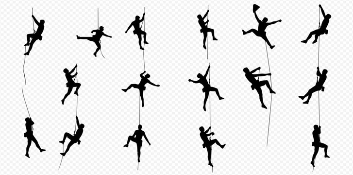 Collection of black silhouettes depicting people rock climbing and rappelling on ropes in various dynamic poses.