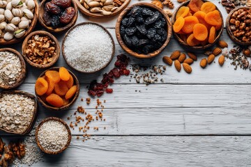 Fototapeta premium Assortment of dried fruits, nuts, and grains in wooden bowls on rustic background