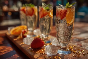 Obraz premium Sparkling cocktails with fresh fruit, mint, and ice on a wooden board.