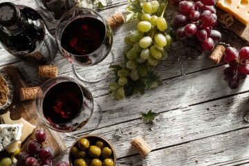 Elegant wine and cheese spread with fresh grapes and olives on a rustic white wooden table.